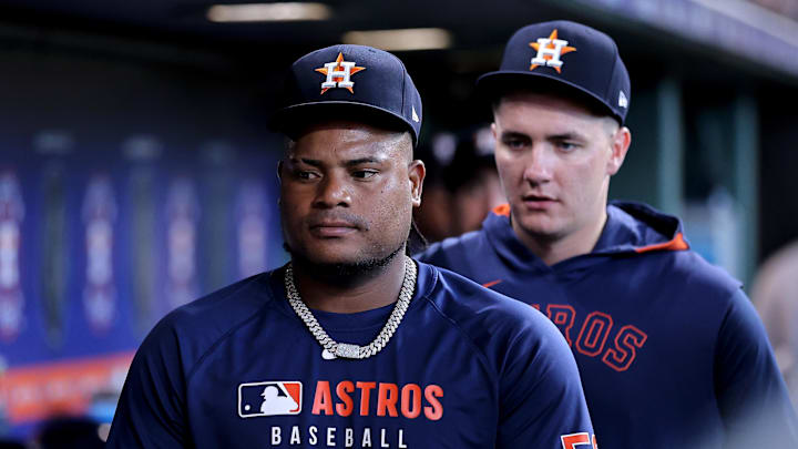 Houston Astros starting pitchers Framber Valdez (59) and Hunter Brown (58) in the dugout prior to the game against the Baltimore Orioles at Daikin Park. 