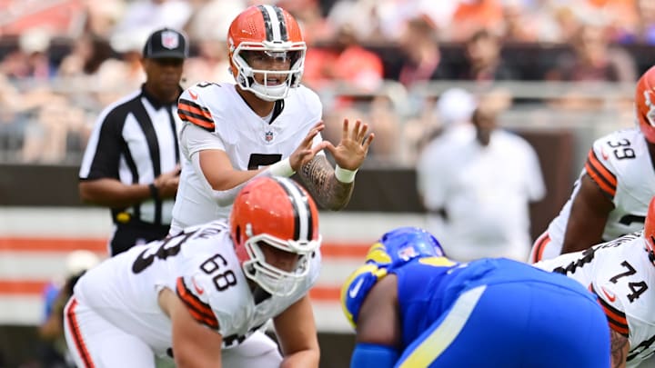 Aug 23, 2025; Cleveland, Ohio, USA; Cleveland Browns quarterback Dillon Gabriel (5) waits for the snap during the first half against the Los Angeles Rams at Huntington Bank Field. Mandatory Credit: Ken Blaze-Imagn Images