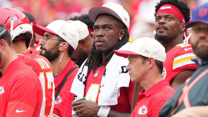 Aug 15, 2026; Kansas City, Missouri, USA; Kansas City Chiefs wide receiver Rashee Rice (4) on the sidelines against the Los Angeles Rams during the first half of the pre season at Arrowhead Stadium. Mandatory Credit: Denny Medley-Imagn Images