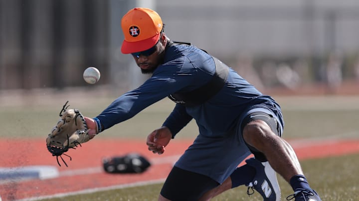 Feb 14, 2025; West Palm Beach, FL, USA; Houston Astros infielder Brice Matthews (86) works out during spring training at CACTI Park of the Palm Beaches. Feb 14, 2025; West Palm Beach, FL, USA; Houston Astros infielder Brice Matthews (86) works out during spring training at CACTI Park of the Palm Beaches.