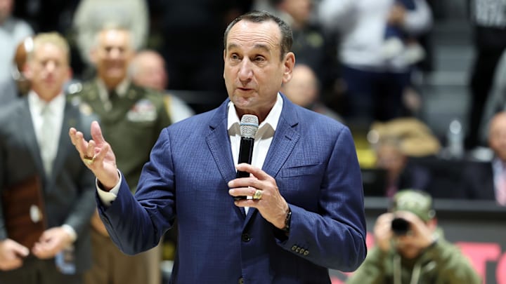 Nov 11, 2025; West Point, New York, USA; Former Duke Blue Devils and Army head coach Mike Krzyzewski is honored by West Point before a game between the Army Black Knights and Duke Blue Devils at Christl Arena. Mandatory Credit: Danny Wild-Imagn Images