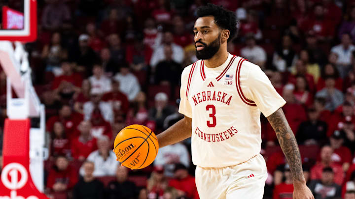 Mar 9, 2025; Lincoln, Nebraska, USA; Nebraska Cornhuskers guard Brice Williams (3) dribbles against the Iowa Hawkeyes during the first half at Pinnacle Bank Arena. Mar 9, 2025; Lincoln, Nebraska, USA; Nebraska Cornhuskers guard Brice Williams (3) dribbles against the Iowa Hawkeyes during the first half at Pinnacle Bank Arena.