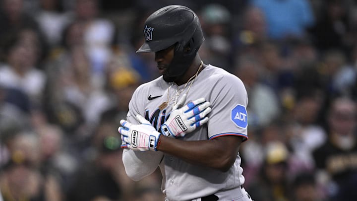 Aug 22, 2023; San Diego, California, USA; Miami Marlins designated hitter Jorge Soler (12)