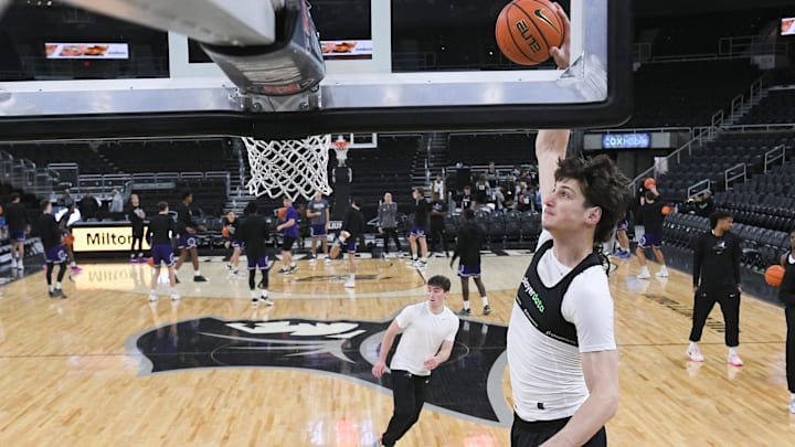 Nov 9, 2024; Providence, Rhode Island, USA; Providence Friars center Anton Bonke (5) warms up before a game against the Stonehill Skyhawks at Amica Mutual Pavilion. Mandatory Credit: Eric Canha-Imagn Images