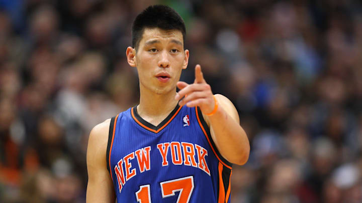 Feb 11, 2012; Minneapolis, MN, USA; New York Knicks guard Jeremy Lin (17) calls a play during the fourth quarter against the Minnesota Timberwolves at the Target Center. The Knicks defeated the Timberwolves 100-98. Mandatory Credit: Brace Hemmelgarn-Imagn Images