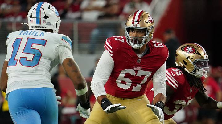 Aug 13, 2026; Santa Clara, California, USA; San Francisco 49ers offensive tackle Isaac Alarcon (67) blocks Tennessee Titans defensive end Keldric Faulk (15) in the third quarter at Levi's Stadium. Mandatory Credit: David Gonzales-Imagn Images Aug 13, 2026; Santa Clara, California, USA; San Francisco 49ers offensive tackle Isaac Alarcon (67) blocks Tennessee Titans defensive end Keldric Faulk (15) in the third quarter at Levi's Stadium. Mandatory Credit: David Gonzales-Imagn Images