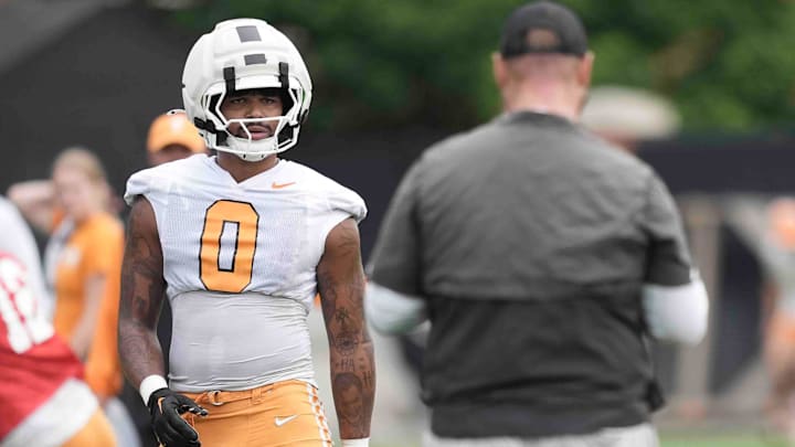 Tennessee tight end Ethan Davis (0) during Tennessee football preseason practice, in Knoxville, Tennessee, July 31, 2025. Tennessee tight end Ethan Davis (0) during Tennessee football preseason practice, in Knoxville, Tennessee, July 31, 2025.