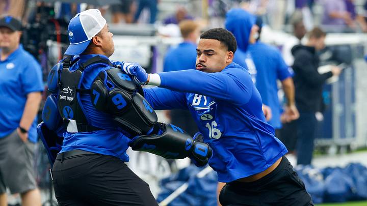 Oct 3, 2026; Fort Worth, Texas, USA;  BYU Cougars linebacker Isaiah Glasker (16) warms up before the game against the TCU Horned Frogs at Amon G. Carter Stadium.  Mandatory Credit: Chris Jones-Imagn Images