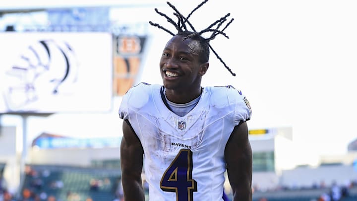 Oct 6, 2024; Cincinnati, Ohio, USA; Baltimore Ravens wide receiver Zay Flowers (4) reacts after the victory over the Cincinnati Bengals at Paycor Stadium. Mandatory Credit: Katie Stratman-Imagn Images