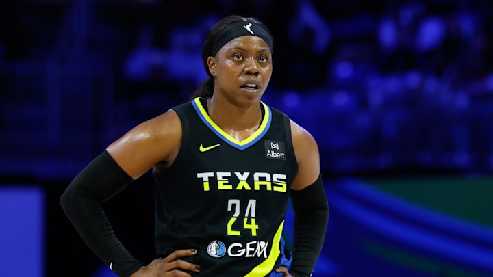 Aug 10, 2025; Arlington, Texas, USA; Dallas Wings guard Arike Ogunbowale (24) reacts against the Washington Mystics during the second half at College Park Center. Mandatory Credit: Chris Jones-Imagn Images