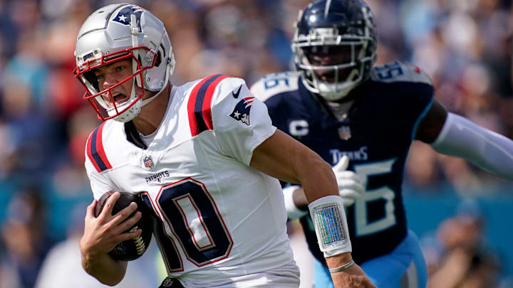 Drake Maye takes off on a scramble for the Patriots in last week's overtime loss to Tennessee. Drake Maye takes off on a scramble for the Patriots in last week's overtime loss to Tennessee.