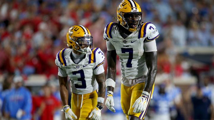 Sep 19, 2026; Oxford, Mississippi, USA; LSU Tigers tight end Trey'Dez Green (7) lines up during the third quarter against the Mississippi Rebels at Vaught-Hemingway Stadium. Mandatory Credit: Petre Thomas-Imagn Images