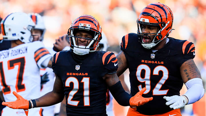 Dec 22, 2024; Cincinnati, Ohio, USA; Cincinnati Bengals cornerback Mike Hilton (21) reacts after sacking Cleveland Browns quarterback Dorian Thompson-Robinson (17) in the first half at Paycor Stadium. Mandatory Credit: Katie Stratman-Imagn Images