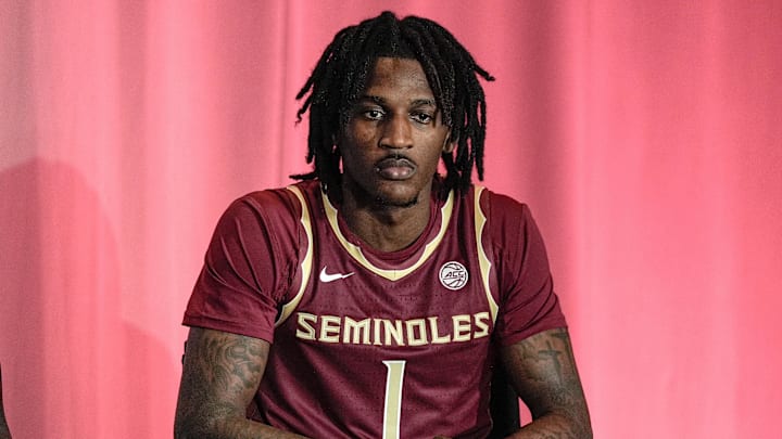 Oct 9, 2024; Charlotte, NC, USA;  Florida State player Jamir Watkins during ACC Media Days at The Hilton Charlotte Uptown. Mandatory Credit: Jim Dedmon-Imagn Images