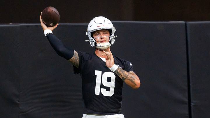 Jul 23, 2026; Glendale, AZ, USA; Arizona Cardinals quarterback Carson Beck (19) during training camp at State Farm Stadium. Mandatory Credit: Mark J. Rebilas-Imagn Images