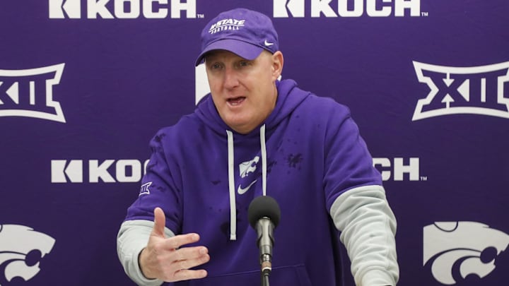 Oct 19, 2024; Morgantown, West Virginia, USA; Kansas State Wildcats head coach Chris Klieman speaks with the media after defeating the West Virginia Mountaineers at Mountaineer Field at Milan Puskar Stadium. Mandatory Credit: Ben Queen-Imagn Images