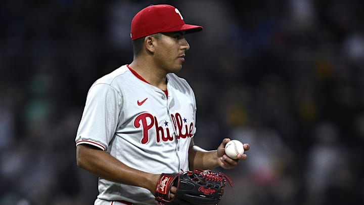 Apr 27, 2024; San Diego, California, USA; Philadelphia Phillies starting pitcher Ranger Suarez (55) looks on after a home run hit by San Diego Padres third baseman Eguy Rosario (not pictured) during the eighth inning at Petco Park.