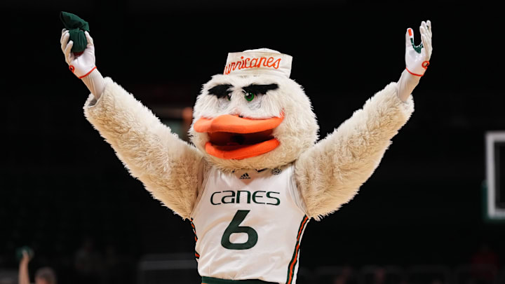 Dec 7, 2022; Coral Gables, Florida, USA; against the Miami Hurricanes mascot Sebastian the Ibis performs for the fans during the second half between the Miami Hurricanes and the Cornell Big Red at Watsco Center. Mandatory Credit: Jasen Vinlove-USA TODAY Sports