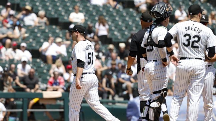 Jul 14, 2024; Chicago, Illinois, USA; Chicago White Sox starting pitcher Jared Shuster (51) leaves a baseball game against the Pittsburgh Pirates in the first inning at Guaranteed Rate Field.