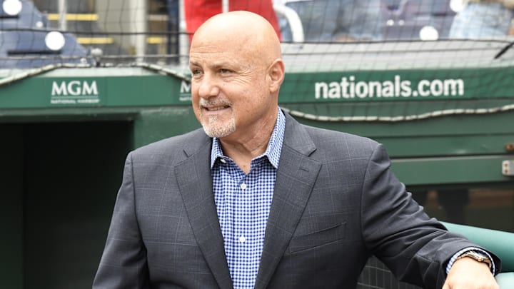 Jul 17, 2022; Washington, District of Columbia, USA;  Washington Nationals general manager Mike Rizzo looks onto the field prior to the game between the Washington Nationals and the Atlanta Braves at Nationals Park.