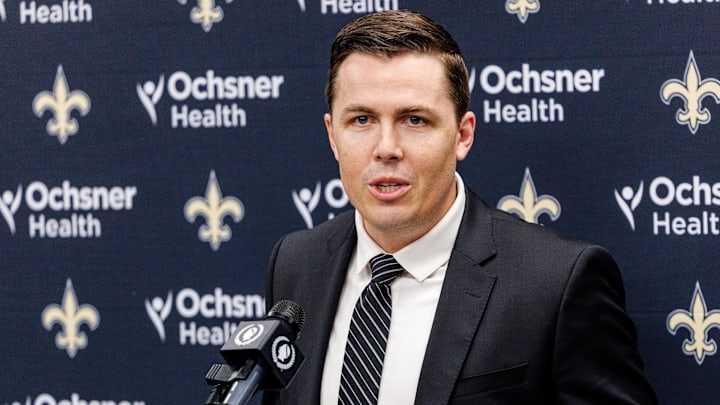 Feb 13, 2025; New Orleans, LA, USA;  New Orleans Saints introduce Kellen Moore as the head coach and he addresses the media at Ochsner Sports Performance Center.