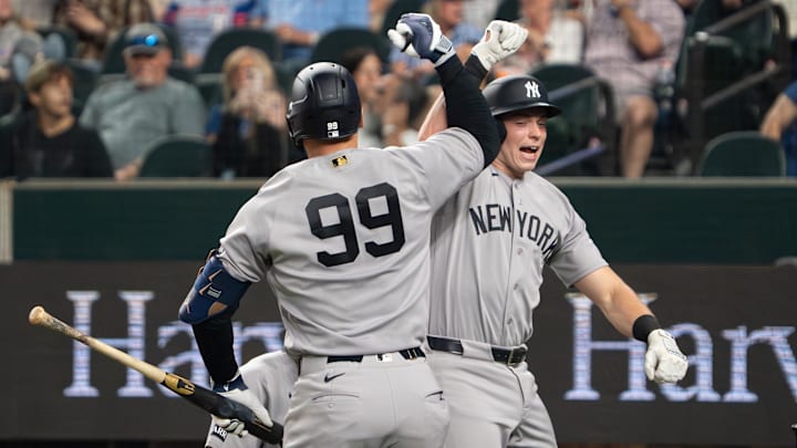 Apr 27, 2026; Arlington, Texas, USA; New York Yankees first baseman Ben Rice (22) bumps elbows with right fielder Aaron Judge (99) after hitting two-run home run against the Texas Rangers during the third inning at Globe Life Field. Mandatory Credit: Raymond Carlin III-Imagn Images