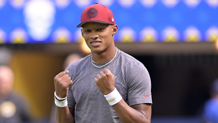 Oct 15, 2023; Inglewood, California, USA; Arizona Cardinals quarterback Joshua Dobbs gestures during