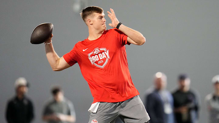Ohio State Buckeyes quarterback Will Howard throws during the pro day for NFL scouts at the Woody Hayes Athletic Center on March 26, 2025.
