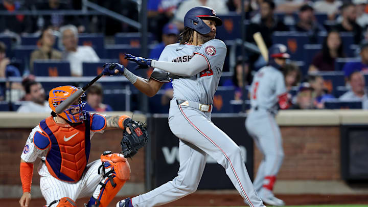 Sep 17, 2024; New York City, New York, USA; Washington Nationals left fielder James Wood (29) follows through on a run scoring fielders choice during the third inning against the New York Mets at Citi Field. Sep 17, 2024; New York City, New York, USA; Washington Nationals left fielder James Wood (29) follows through on a run scoring fielders choice during the third inning against the New York Mets at Citi Field.