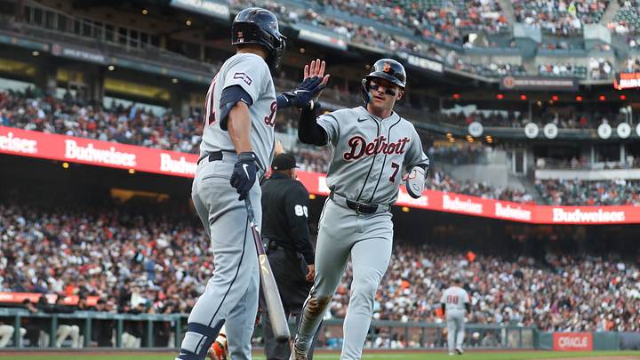 Detroit Tigers third baseman Kevin McGonigle (right) and left fielder Riley Greene (left). Detroit Tigers third baseman Kevin McGonigle (right) and left fielder Riley Greene (left).