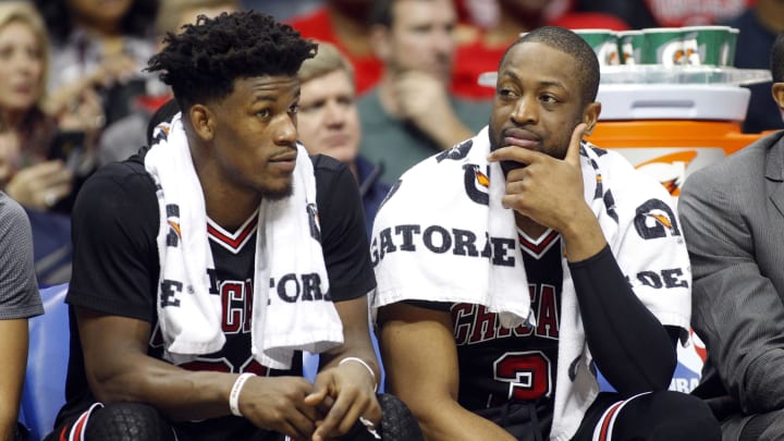 Jan 20, 2017; Atlanta, GA, USA; Chicago Bulls forward Jimmy Butler (21) and guard Dwyane Wade (3) talk against the Atlanta Hawks in the fourth quarter at Philips Arena. The Hawks won 102-93. Mandatory Credit: Brett Davis-USA TODAY Sports
