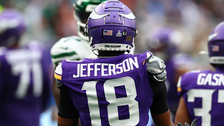 Oct 6, 2024; Tottenham, ENG; Minnesota Vikings Wide Receiver Justin Jefferson (18) in the 2nd Quarter against against New York Jets at Tottenham Hotspur Stadium. Mandatory Credit: Shaun Brooks-Imagn Images