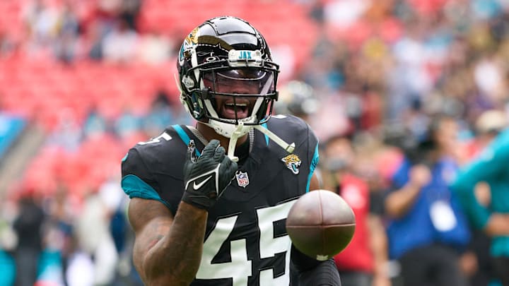 Oct 1, 2023; London, United Kingdom;  Jacksonville Jaguars linebacker K'Lavon Chaisson (45) throws