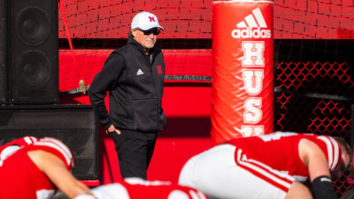 Nov 23, 2024; Lincoln, Nebraska, USA; Nebraska Cornhuskers assistant coach Dana Holgorsen during warmups before a game against the Wisconsin Badgers at Memorial Stadium.