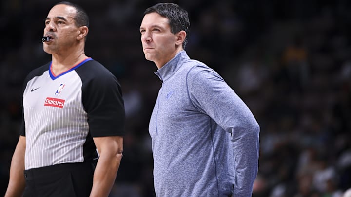 Oct 5, 2025; North Charleston, South Carolina, USA;  Oklahoma City Thunder Coach Mark Daigneault, pondering a play in the third quarter at North Charleston Coliseum. Mandatory Credit: Arthur Ellis-Imagn Images
