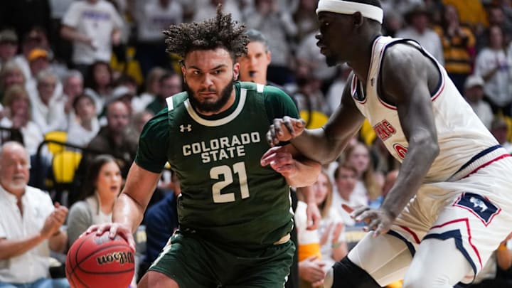 Jan 31, 2022; Laramie, Wyoming, USA; Colorado State Rams forward David Roddy (21) drives against