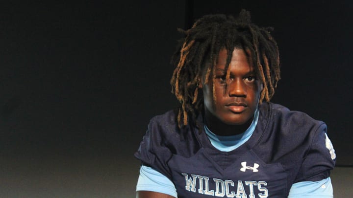 Camden County tight end Elyiss Williams (0) listens to questions during Baker's Sports High School Media Day for football presented by Jaguars Prep at Jacksonville's EverBank Stadium on Aug. 1, 2024. [Clayton Freeman/Florida Times-Union]