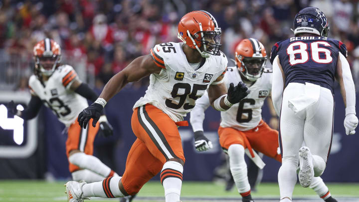 Dec 24, 2023; Houston, Texas, USA; Cleveland Browns defensive end Myles Garrett (95) in action against the Houston Texans in Wild Card matchup Dec 24, 2023; Houston, Texas, USA; Cleveland Browns defensive end Myles Garrett (95) in action against the Houston Texans in Wild Card matchup