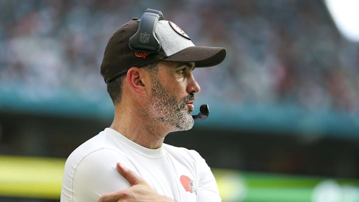 Nov 13, 2022; Miami Gardens, Florida, USA; Cleveland Browns head coach Kevin Stefanski watches from the sideline during the third quarter against the Miami Dolphins at Hard Rock Stadium. Mandatory Credit: Sam Navarro-Imagn Images