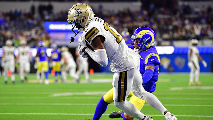 Dec 21, 2023; Inglewood, California, USA; New Orleans Saints wide receiver A.T. Perry (17) catches a pass for a touchdown against the Los Angeles Rams during the second half at SoFi Stadium. Dec 21, 2023; Inglewood, California, USA; New Orleans Saints wide receiver A.T. Perry (17) catches a pass for a touchdown against the Los Angeles Rams during the second half at SoFi Stadium.