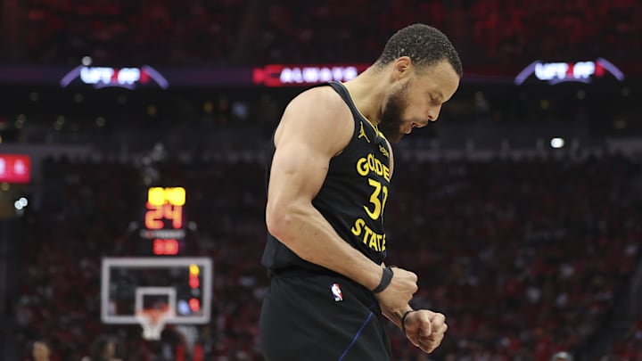 Golden State Warriors guard Stephen Curry reacts after a play during Game 7 of their first-round playoff series against the Houston Rockets at Toyota Center in Houston on May 4, 2025.