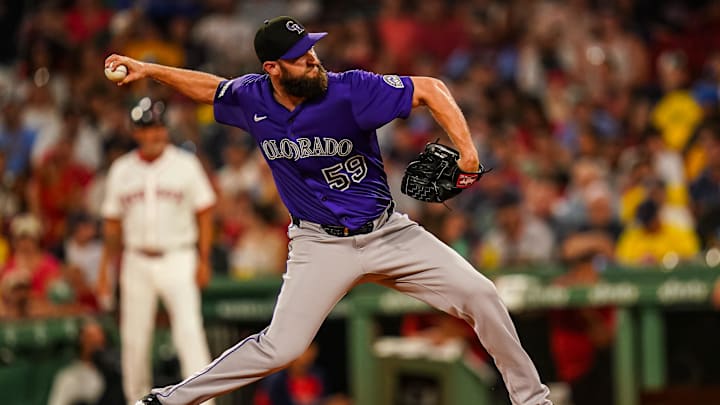 Jul 8, 2025; Boston, Massachusetts, USA; Colorado Rockies pitcher Jake Bird (59) throws a pitch against the Boston Red Sox in the seventh inning at Fenway Park. Mandatory Credit: David Butler II-Imagn Images
