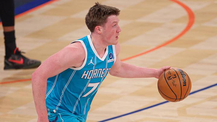 Apr 12, 2026; New York, New York, USA; Charlotte Hornets guard Kon Knueppel (7) dribbles up court against the New York Knicks during the first half at Madison Square Garden. Mandatory Credit: Vincent Carchietta-Imagn Images