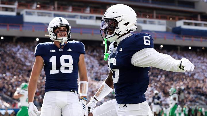 Penn State Nittany Lions wide receiver Koby Howard (6) reacts after scoring a touchdown during the first quarter against the Marshall Thundering Herd at Beaver Stadium.
