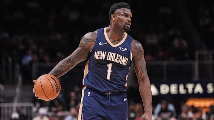 Jan 7, 2026; Atlanta, Georgia, USA; New Orleans Pelicans forward Zion Williamson (1) controls the ball against the Atlanta Hawks during the first half at State Farm Arena. Mandatory Credit: Dale Zanine-Imagn Images Jan 7, 2026; Atlanta, Georgia, USA; New Orleans Pelicans forward Zion Williamson (1) controls the ball against the Atlanta Hawks during the first half at State Farm Arena. Mandatory Credit: Dale Zanine-Imagn Images