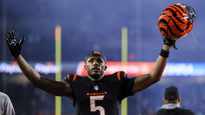 Dec 28, 2024; Cincinnati, Ohio, USA; Cincinnati Bengals wide receiver Tee Higgins (5) walks off the field after the victory over the Denver Broncos at Paycor Stadium. Mandatory Credit: Katie Stratman-Imagn Images