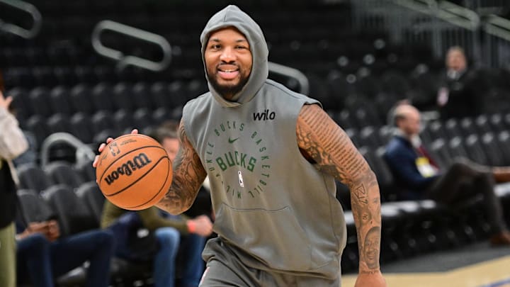 Mar 5, 2025; Milwaukee, Wisconsin, USA;  Milwaukee Bucks guard Damian Lillard (0) warms up before game against the Dallas Mavericks at Fiserv Forum. Mandatory Credit: Benny Sieu-Imagn Images