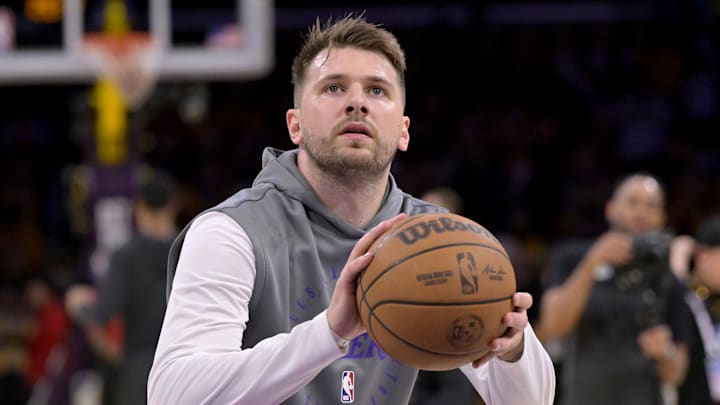 Los Angeles Lakers guard Luka Doncic warms up prior to a game against the Utah Jazz.