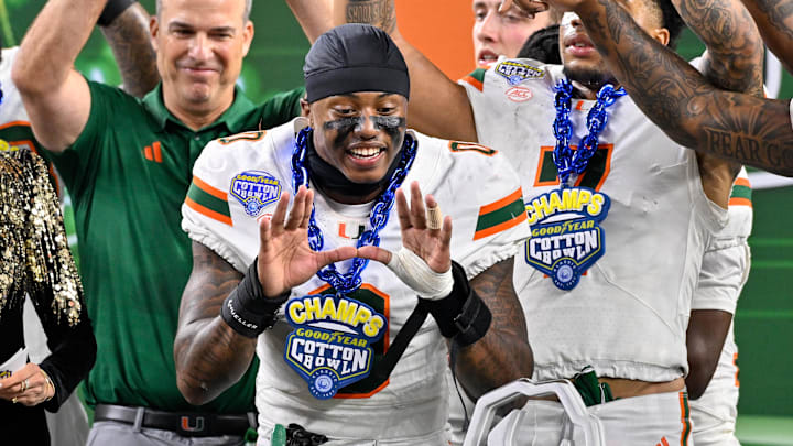 Miami Hurricanes DB Keionte Scott celebrates after the quarterfinal game of the College Football Playoff at AT&T Stadium. 