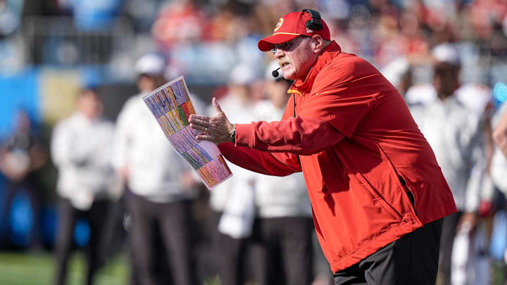 Nov 24, 2024; Charlotte, North Carolina, USA;  Kansas City Chiefs head coach Andy Reid yells out to his offense during the second quarter against the Carolina Panthers at Bank of America Stadium. Mandatory Credit: Jim Dedmon-Imagn Images